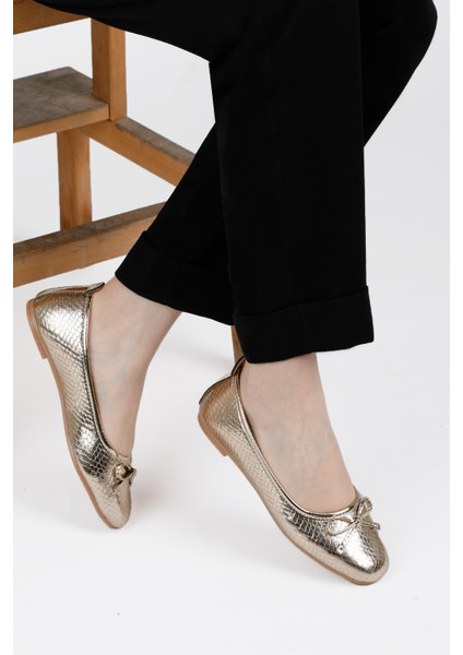 Fiyonklu Kadın Balerin Babet Altın Yılan Desen Gold, Gümüş, Leopar Renklerde fiyatları