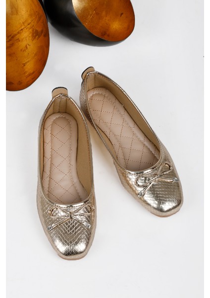 Fiyonklu Kadın Balerin Babet Altın Yılan Desen Gold, Gümüş, Leopar Renklerde modelleri