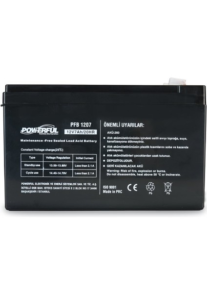PFB-1207 12V 7AH 20HR Bakımsız Kuru Tip Akü