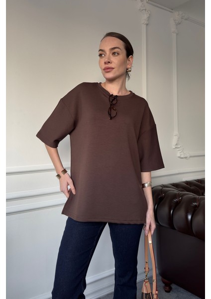 Bisiklet Yaka Pamuklu Tişört- Kahverengi modelleri