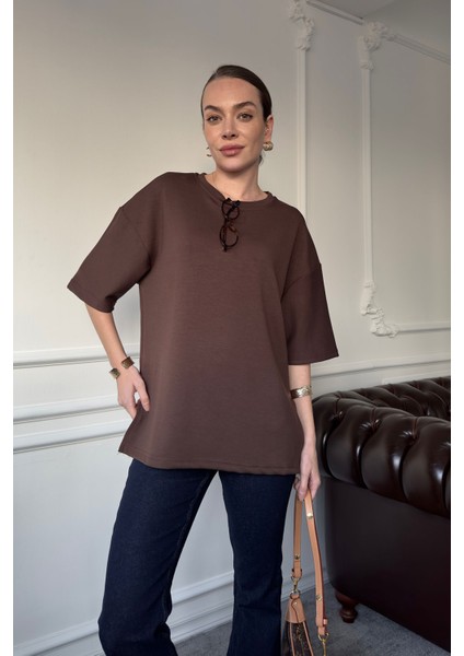 Bisiklet Yaka Pamuklu Tişört- Kahverengi fırsatları