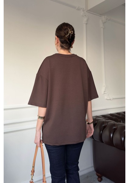 Bisiklet Yaka Pamuklu Tişört- Kahverengi indirimleri