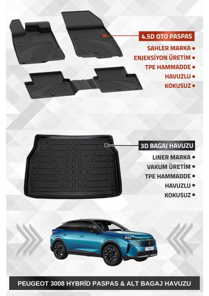 Peugeot 3008 2024+ Uyumlu 4.5d Premium Havuzlu Oto Paspas ve Liner Marka 3D Alt Bagaj Havuzu fırsatları