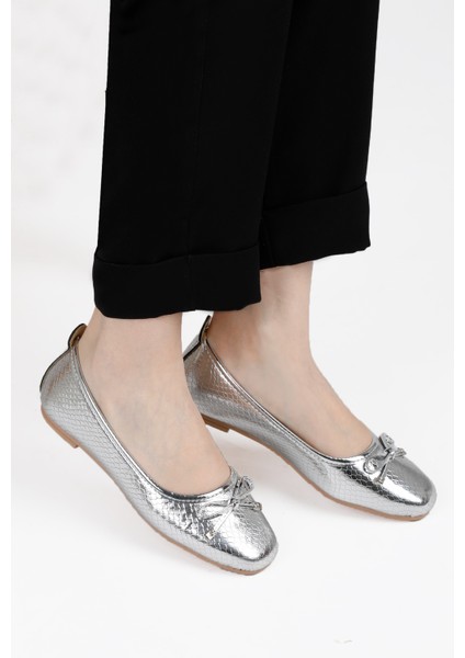 Fiyonklu Kadın Balerin Babet Altın Yılan Desen Gold, Gümüş, Leopar Renklerde