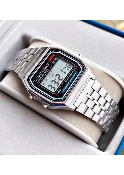 Dijital Işık Alarm Kronometreli Gümüş Renk Kare Spor Unisex Kol Saati