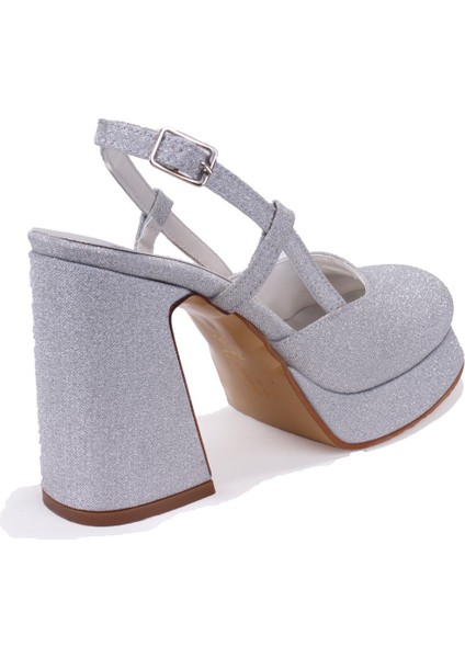 DZA07-337560 Gümüş Simli Platform Topuklu Kadın Ayakkabı