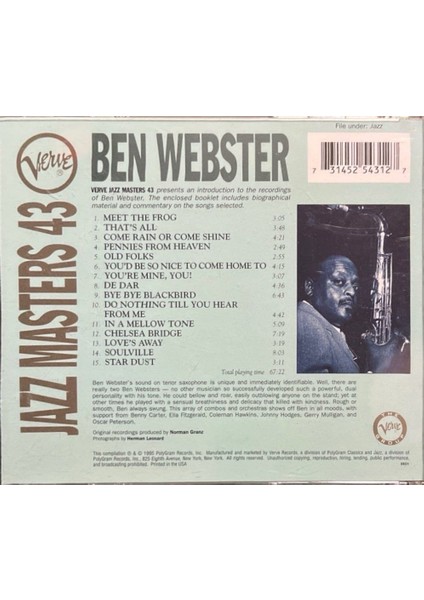 (Plak Değildir CD Dir) CD Ben Webster Jazz Masters 43 CD fiyatları