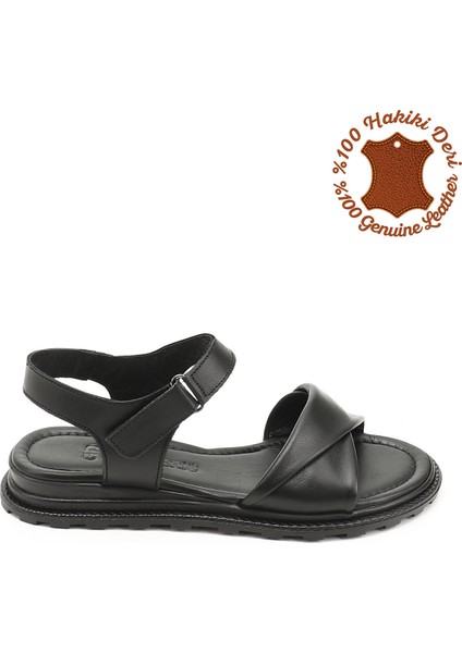Kadın Siyah Cırt Bantlı Hakiki Deri Sandalet