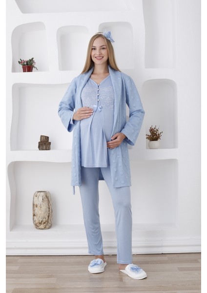 Hamile Pijama Takımı Sabahlığı Kapitone Kumaşından / Dantel Detaylı Önü Düğmeli