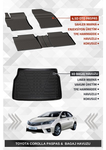 Toyota Corolla 2013-2018 Uyumlu 4.5d Premium Havuzlu Paspas ve Liner Marka 3D Bagaj Havuzu