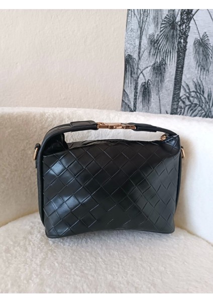 Toile Siyah Örgü Desen Kilit Saplı Kadın El Kol ve Omuz Çantası