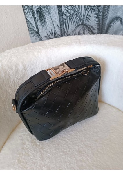 Toile Siyah Örgü Desen Kilit Saplı Kadın El Kol ve Omuz Çantası
