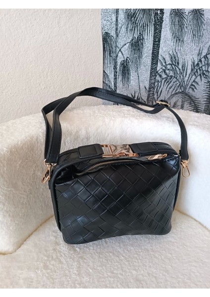 Toile Siyah Örgü Desen Kilit Saplı Kadın El Kol ve Omuz Çantası