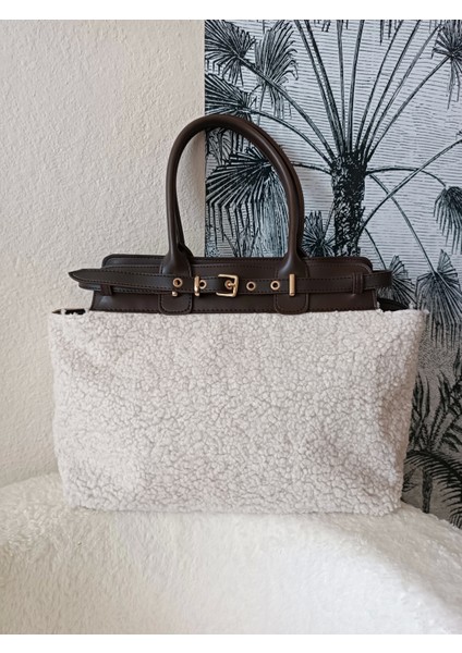 Hitit Kahve-Peluş Kemer Detaylı Fermuar Kapama Kadın Omuz Çantası