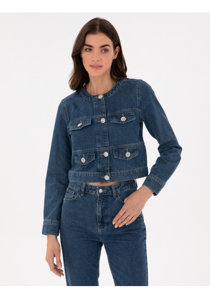 Kadın Mavi Crop Top Jean Ceket 50306930-VR036