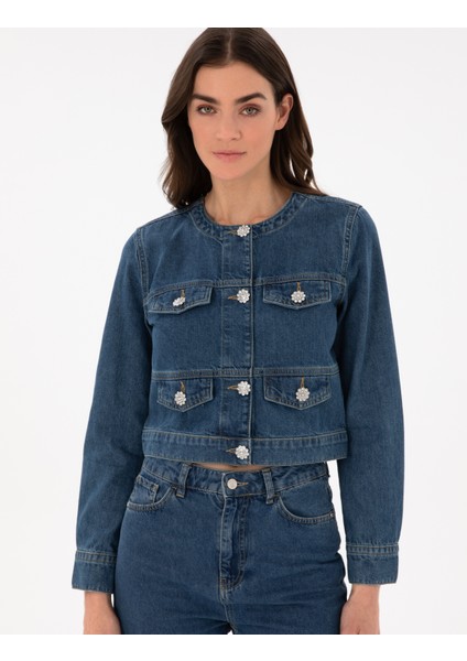 Kadın Mavi Crop Top Jean Ceket 50306930-VR036
