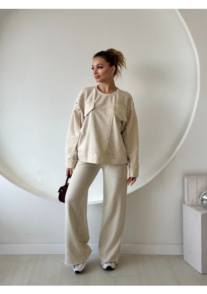 Boncuk ve Cep Detaylı Sweat Pantolon Takım