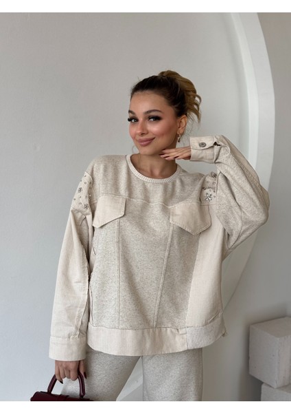 Boncuk ve Cep Detaylı Sweat Pantolon Takım