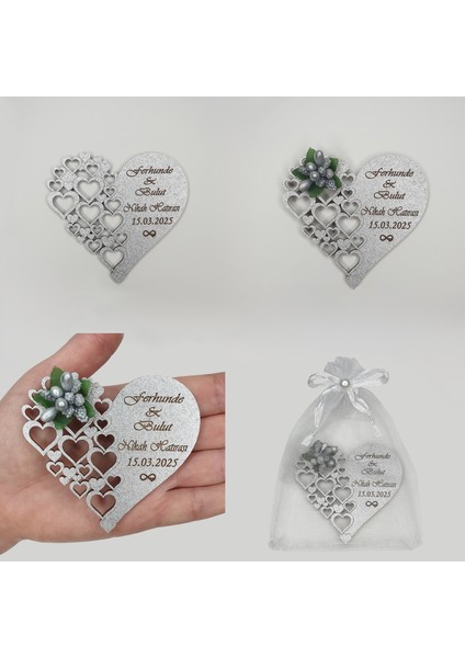 Düğün Nişan Nikah Kına Söz Hediyelik Kalp Model Çiçek Süslü Magnet 25 Adet