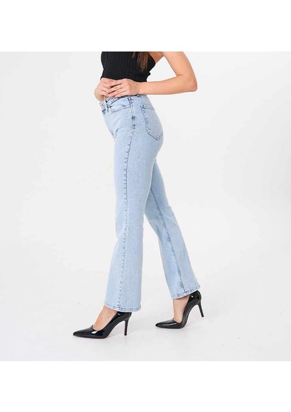 Kadın Kar Yıkama Mavi Yüksek Bel Flare Jean Ispanyol Paça Kot Pantolon