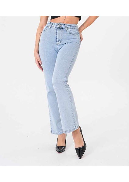 Kadın Kar Yıkama Mavi Yüksek Bel Flare Jean Ispanyol Paça Kot Pantolon