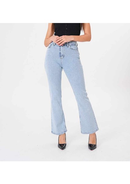 Kadın Kar Yıkama Mavi Yüksek Bel Flare Jean Ispanyol Paça Kot Pantolon
