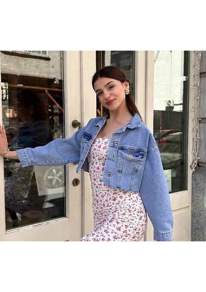 Crop Düğmeli Jean Ceket Kadın Kot Ceket Mavi Siyah