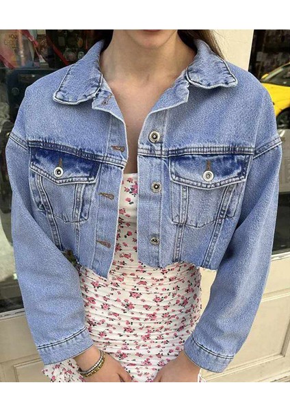Crop Düğmeli Jean Ceket Kadın Kot Ceket Mavi Siyah