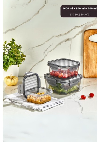 Quick Sızdırmaz Saklama Kabı Seti 3'lü Set, 1,4 Lt + 800 ml + 400 ml