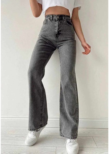 Kadın Soluk Efekt Vintage Yüksek Bel Wide Leg Jeans Kadın Bol Paça Kot Pantolon