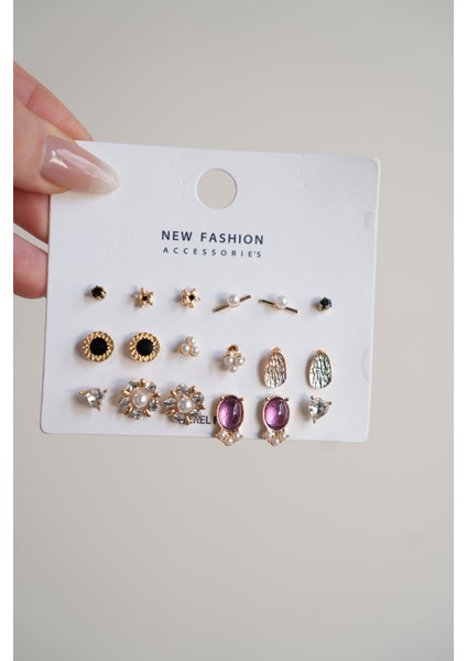 Pirinç Gold Renk Zirkon Taşlı İncili Çiçek Figür 9 Çift Kadın Küpe Seti