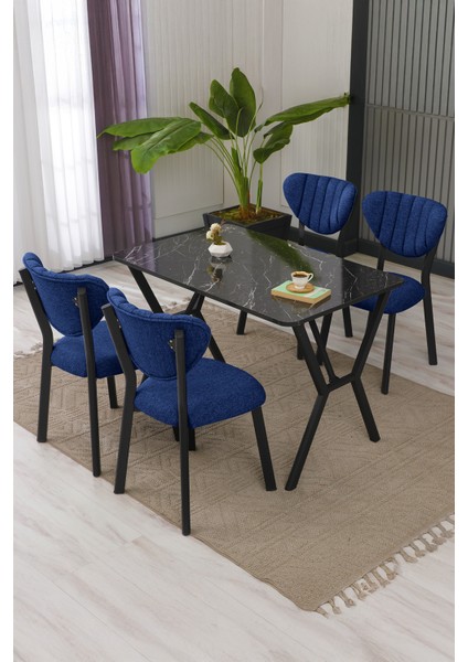 Elma Modeli Masa Sandalye Takımı, 4 Sandalye 1 Sabit Siyah Mermer Desen Masa 110 x 70 cm , Keten Kumaş