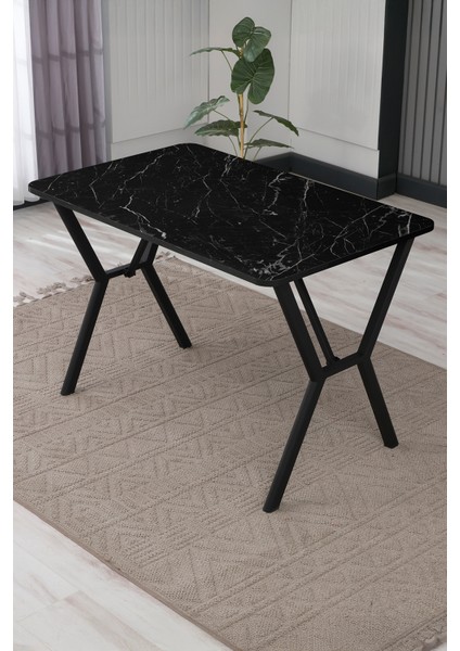 Elma Modeli Masa Sandalye Takımı, 4 Sandalye 1 Sabit Siyah Mermer Desen Masa 110 x 70 cm , Keten Kumaş