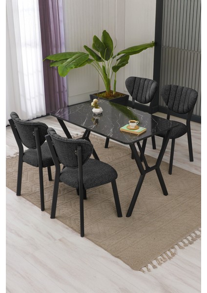 Elma Modeli Masa Sandalye Takımı, 4 Sandalye 1 Sabit Siyah Mermer Desen Masa 110 x 70 cm , Keten Kumaş