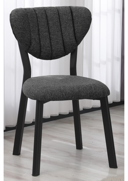 Elma Modeli Masa Sandalye Takımı, 4 Sandalye 1 Sabit Siyah Mermer Desen Masa 110 x 70 cm , Keten Kumaş
