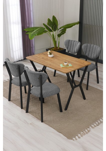 Elma Modeli Masa Sandalye Takımı, 4 Sandalye 1 Sabit Ceviz Masa 110 x 70 cm , Keten Kumaş