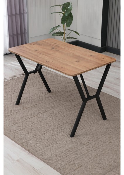 Elma Modeli Masa Sandalye Takımı, 4 Sandalye 1 Sabit Ceviz Masa 110 x 70 cm , Keten Kumaş