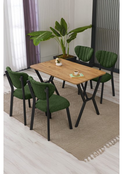 Elma Modeli Masa Sandalye Takımı, 4 Sandalye 1 Sabit Ceviz Masa 110 x 70 cm , Keten Kumaş