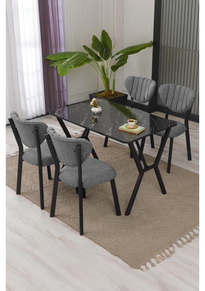 Elma Modeli Masa Sandalye Takımı, 4 Sandalye 1 Sabit Siyah Mermer Desen Masa 110 x 70 cm , Keten Kumaş