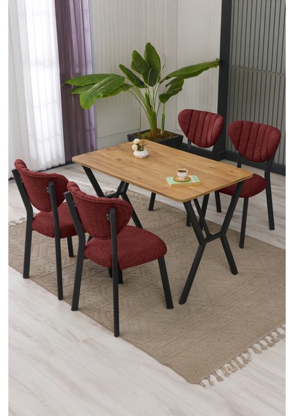 Elma Modeli Masa Sandalye Takımı, 4 Sandalye 1 Sabit Ceviz Masa 110 x 70 cm , Keten Kumaş