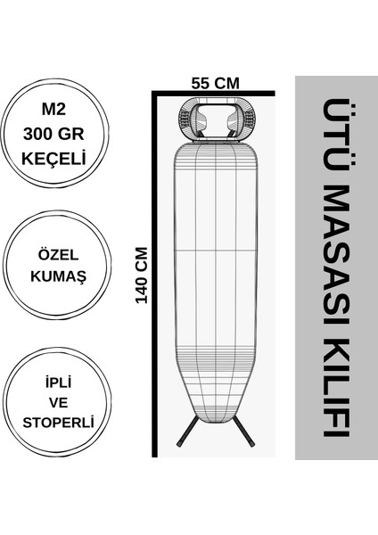 Ütü Masası Kılıfı Büyük Boy İpli Stoperli Keçeli Kılıfı Örtüsü Bezi 55 x 140 cm Nostalji