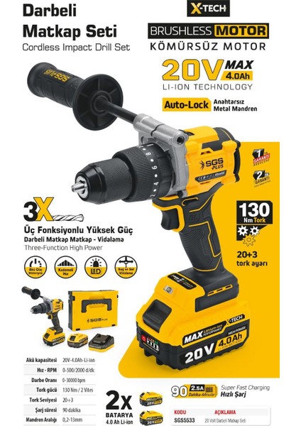 SGS5533 Akülü Darbeli Matkap Seti 20 Volt - 4 Amper - 130 Nm Tork (Kömürsüz Motor) modelleri