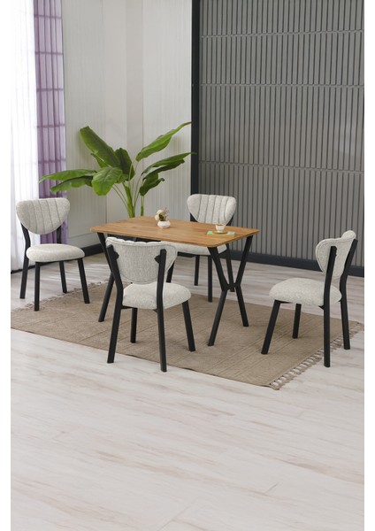 Elma Modeli Masa Sandalye Takımı, 4 Sandalye 1 Sabit Ceviz Masa 110 x 70 cm , Keten Kumaş fiyatları