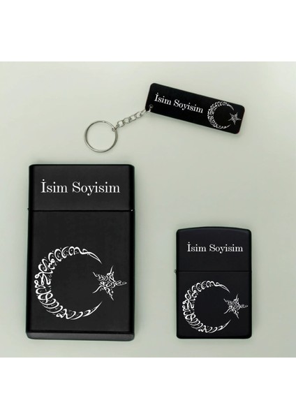 Ay Yıldız Desenli Kişiye Özel Isimli Metal Sigara Kutusu, Benzinli Çakmak ve Anahtarlık Seti 2