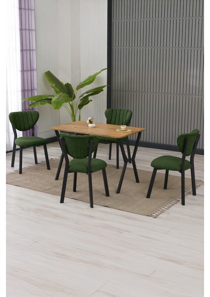 Elma Modeli Masa Sandalye Takımı, 4 Sandalye 1 Sabit Ceviz Masa 110 x 70 cm , Keten Kumaş