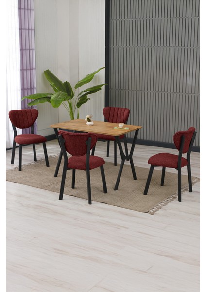Elma Modeli Masa Sandalye Takımı, 4 Sandalye 1 Sabit Ceviz Masa 110 x 70 cm , Keten Kumaş
