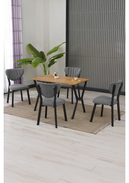 Elma Modeli Masa Sandalye Takımı, 4 Sandalye 1 Sabit Ceviz Masa 110 x 70 cm , Keten Kumaş