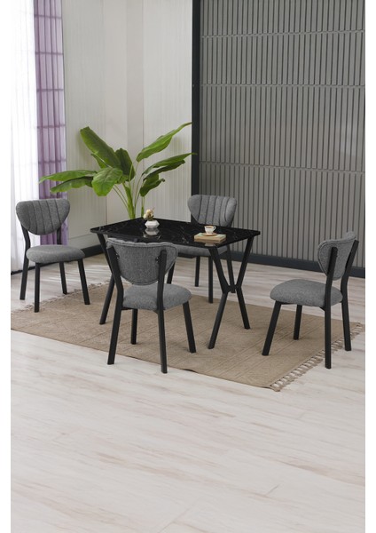 Elma Modeli Masa Sandalye Takımı, 4 Sandalye 1 Sabit Siyah Mermer Desen Masa 110 x 70 cm , Keten Kumaş fiyatları