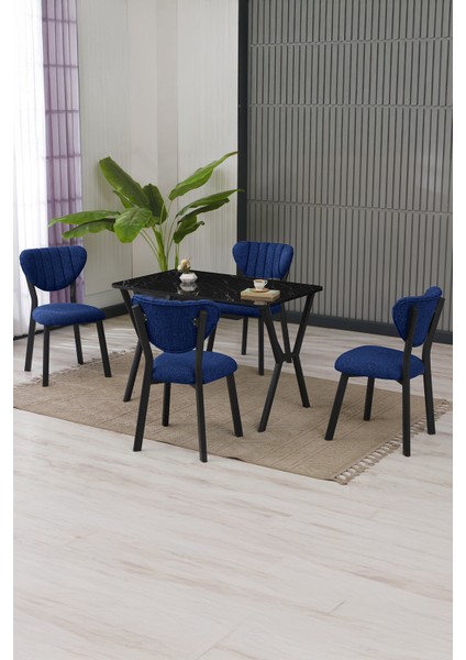 Elma Modeli Masa Sandalye Takımı, 4 Sandalye 1 Sabit Siyah Mermer Desen Masa 110 x 70 cm , Keten Kumaş