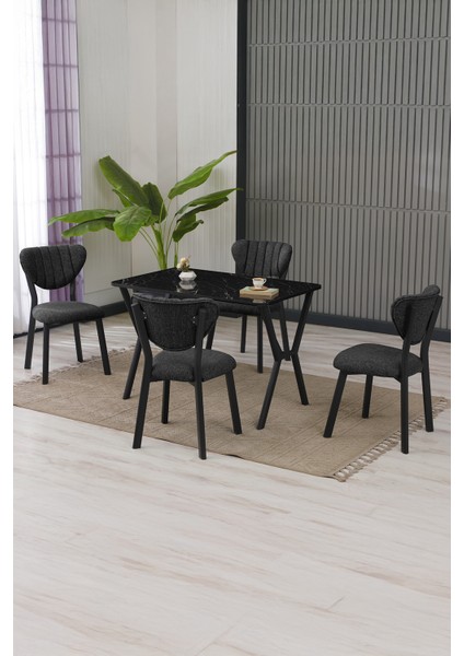 Elma Modeli Masa Sandalye Takımı, 4 Sandalye 1 Sabit Siyah Mermer Desen Masa 110 x 70 cm , Keten Kumaş